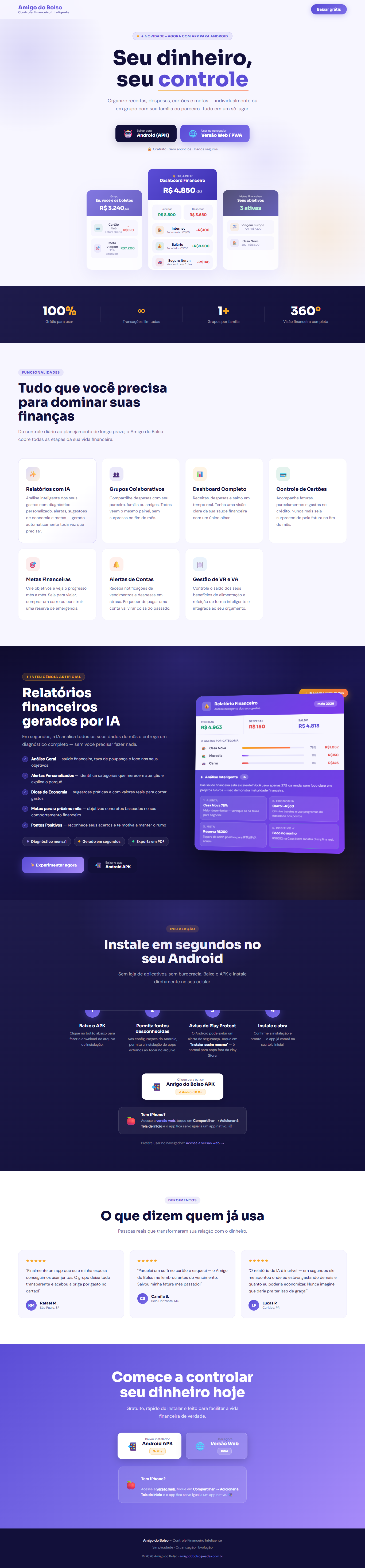 Landing page de download do app Amigo do Bolso